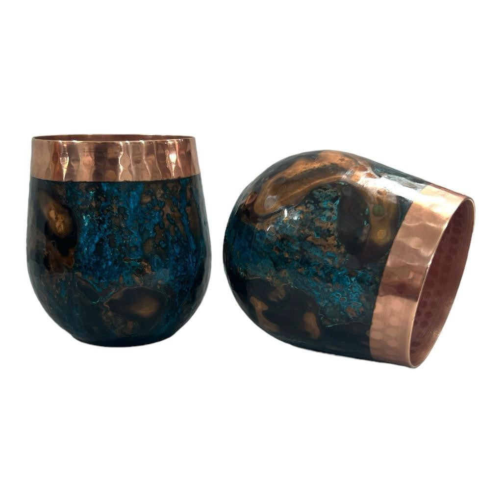 Set of One Shiny Hammered Copper Pitcher with Top and Two Blue Marbled Tumblers