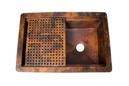 33" Drop-in Single Well Hammered Copper Kitchen Sink with Removable Grill