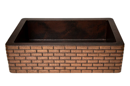 33" Farmhouse Single Well Bricks Design Straight Apron Hammered Copper Kitchen Sink