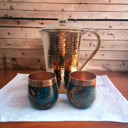 Set of One Shiny Hammered Copper Pitcher with Top and Two Blue Marbled Tumblers
