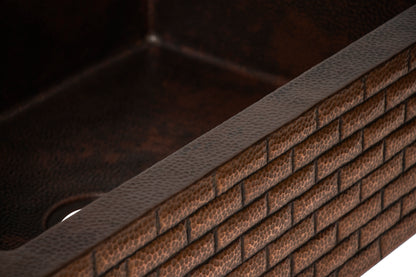 33" Farmhouse Single Well Bricks Design Straight Apron Hammered Copper Kitchen Sink