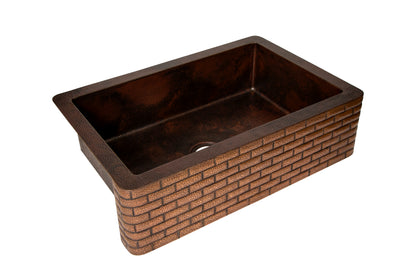 33" Farmhouse Single Well Bricks Design Straight Apron Hammered Copper Kitchen Sink