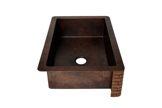 33" Farmhouse Single Well Bricks Design Straight Apron Hammered Copper Kitchen Sink